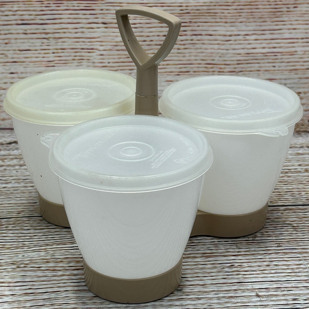 Vintage Tupperware Condiment Caddy‎ Carousel 3 Containers Tan White 757-1 758-12